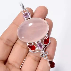 Granate de cuarzo rosa piedra preciosa moda joyería colgante plata 925 3,1" ARP-3827 - Imagen 1 de 3