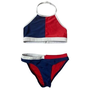 Tommy Hilfiger Girls Two Piece Bikini Swimsuit Red Blue USA Vintage Size 8 - Picture 1 of 3