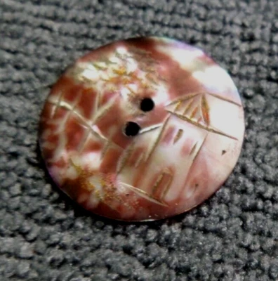 Antique MOP Mother of Pearl Etched Button Building Tree Design - Image 1 of 4