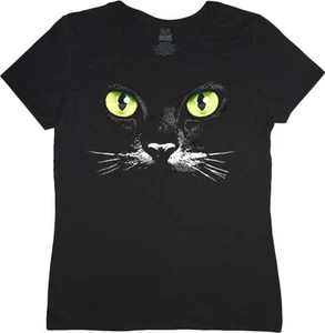 Ladies t-shirt green eye cat t-shirt black cat shirt women's fit tshirt top - Picture 1 of 1