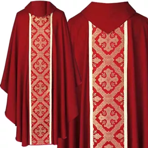 CHASUBLE Red plain fabric Gothic vestment, cotton, golden orphrey - Picture 1 of 5