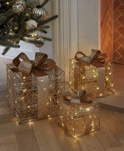 Set Of 3 Gold Light Up Presents Christmas Decorations  - Picture 1 of 6