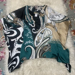 Neu mit Etikett Chico's Damen gemischter Druck seidig Kimono Oberteil türkis schwarz geometrisches Muster Größe L/XL - Bild 1 von 7