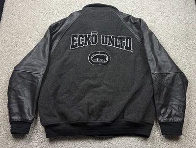 Y2K Ecko Varsity Bomber  Jacket Mens Large  Black Wool Grunge Skater Leather - Image 1 of 4