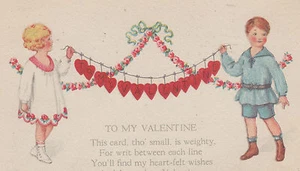 Children Valentine Hearts on a String Garland Postcard - Picture 1 of 3
