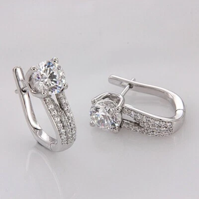 Wedding Women Hoop Earrings 1.0Ct Round Simulated Diamond Set 925 Silver Jewelry - Image 1 of 4