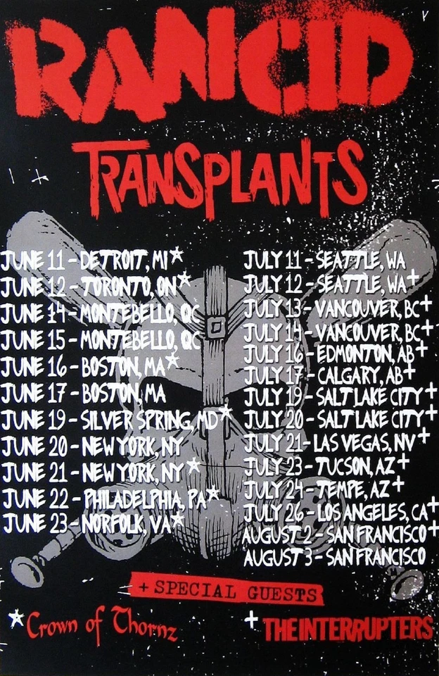 RANCID / TRANSPLANTS 2013 NORTH AMERICAN CONCERT TOUR POSTER - Logos Above Dates - Image 1 of 1
