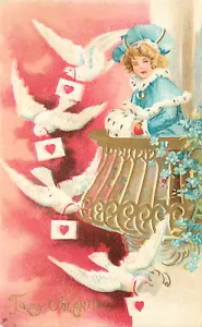 Embossed Valentine Postcard Doves Carry Love Letters From Girl in Balcony Blue - Picture 1 of 2