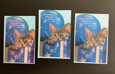 Tarjetas de felicitación de cumpleaños gatito lote de 3 American Greetings azul Foto 1 de 3