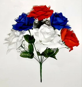 Lebendige rot weiß & blau Mikrofaser 6 - 4,5" Rose 13" Busch patriotische Seidenblume - Bild 1 von 3
