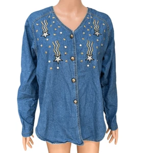 Bingo Bingo vintage Womens Cotton Embellished Denim/Jean Shirt Top size 14P - Picture 1 of 7