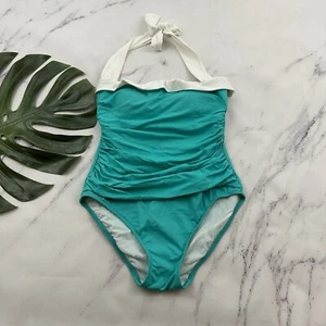 Lauren Ralph Lauren Womens One Piece Swimsuit Size 8 Blue White Halter Ruched - Picture 1 of 8
