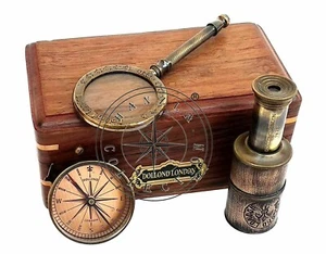 Vintage Dollond London Gift Set Box Brass Compass Telescope and Magnifying Glass - Picture 1 of 8
