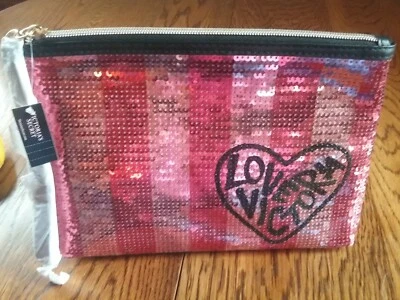 Bolsa de maquillaje Victoria's Secret Cutch cosmética lentejuelas negras y rosas elegante NUEVA CON ETIQUETA Foto 1 de 4