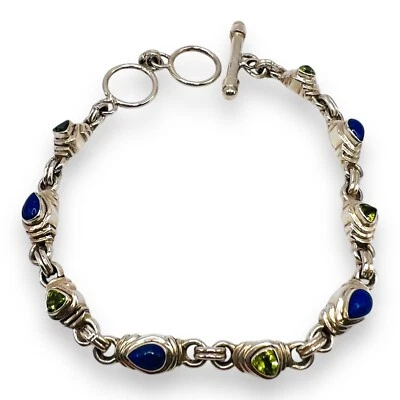 925 Sterling Silver Pear Blue Lapis Peridot Stone Link Toggle Bracelet 21g 9" - Image 1 of 4