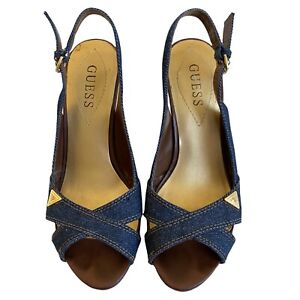 GUESS Womens Shoes Sz 7.5 M Blue Denim Wedge Open Toe Logo 4.5 Heel Slingback 