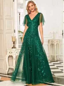 Ever Pretty Green Sequin Maxi Prom Ball Gown Quiz Evening Party Dress Size 14-16 - Picture 1 of 9