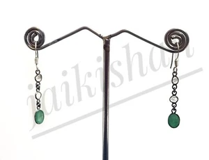 Emerald Gemstone Uncut Polki Diamond 925 Sterling Silver Dangle Earring Jewelry - Picture 1 of 8
