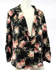 Blazer floral elástico con botones frontales con bolsillos sintéticos mangas fruncidas - negro - grande - Imagen 1 de 8
