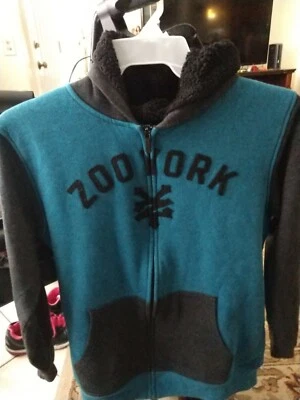 Boys ZOO YORK NICE LARGE Black & Seaport Blue Teal Lined Zip Front Hoodie NICE - Image 1 of 3