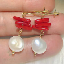 White Baroque Pearl Earring 18k Gold Ear Drop Hook Hoop Gift Fashion Cultured