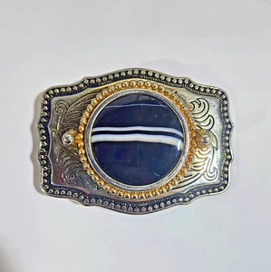 Silvertone Black Stone Western Style Belt Buckle Metal - Picture 1 of 3