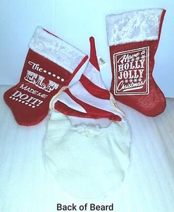 Lot Christmas Hat Elf Face White Fur Beard & Mustache Adult Red with 2 Stockings - Picture 1 of 12