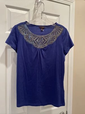 Dana Buchman Sz S Gorgeous Blue Sequin Design top Blouse Short Sleeve - Image 1 of 3