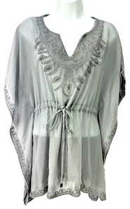 HAZEL Sheer Gray Top Size M Embroidered Bodice/Edges Short Kimono Sleeves Tie - Picture 1 of 9