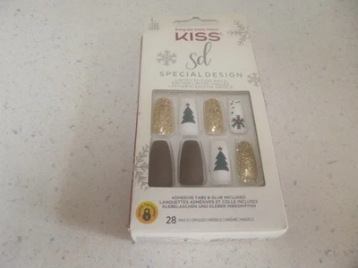 NEW KISS SPECIAL Design CHRISTMAS GLITTER 28 GLUE ON NAILS LONG COFFIN SHAPE NEW - Image 1 of 4