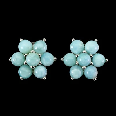 Pendientes de plata de ley 925 redondos Larimar 4 mm flor piedras preciosas naturales joyería Foto 1 de 4