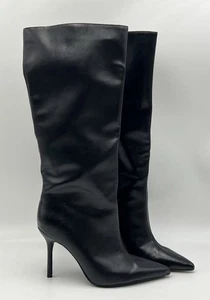 Zara Tall Black Leather Heeled Pointed Toe Boots NEW Sz EU 41 US 10 - Picture 1 of 11