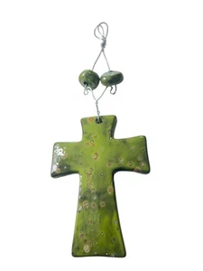 Hand Painted Glazed Pottery Wall Cross Green Signed Handmade 11”x4” - Picture 1 of 7