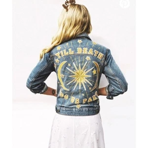Denim and Bone Denim Braut Jacke 70er inspiriert Gold Stickerei Celestial L - Bild 1 von 11