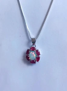 2 Ct Lab Created Fire Opal & Ruby 925 Sterling Silver Flower Pendant Free Chain - Picture 1 of 5