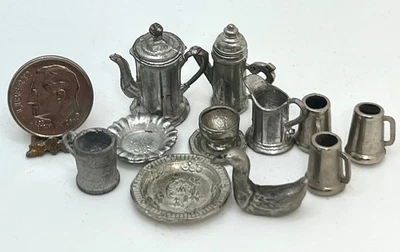 Vintage Early American Pewter Teapots Plates Steins Mugs Dollhouse Miniature - Image 1 of 4