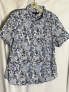 Neu mit Etikett Tommy Hilfiger Damen Baumwolle Kurzarm blau Blumenmuster Knopfleiste Hemd L - Bild 1 von 10