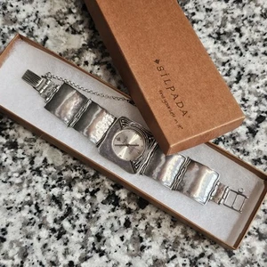Silpada 7" .925 Sterling Silver Hammered Square Face Ladies Quartz Watch - Works - Picture 1 of 11