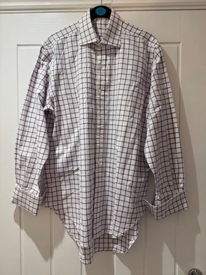Charles Tyrwhitt camicia elegante bianca viola check francese doppio polsino 44 petto ottime condizioni - Immagine 1 di 4
