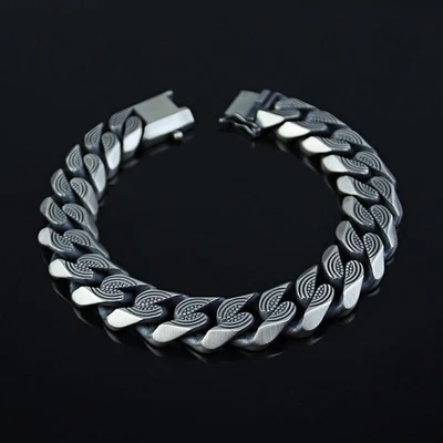 925 Silver Engraved Gourmet Chain Bracelet, 15MM Curb Chain Heavy Chain Bracelet - Image 1 of 4