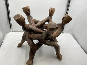 VINTAGE Sculpture Cercle Unité Africaine 5 Têtes Ghana Bois Sculpté Art Décor - Photo 1/9