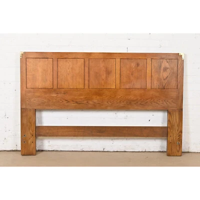 Henredon Mid-Century Modern Campaign Oak Queen Size Headboard, Circa 1970s - Image 1 of 4