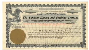 Sunlight Mining and Smelting Company. Certificato Stock. Territorio dell'Arizona - Foto 1 di 1