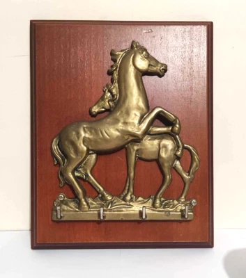 porte clé mural en bois massif chevaux en bronze vintage 1950 - Photo 1/4