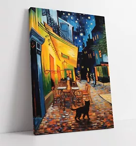 VAN GOGH CAFE TERRACE AT NIGHT WITH BLACK CAT -DEEP FRAMED CANVAS WALL ART PRINT - Picture 1 of 2