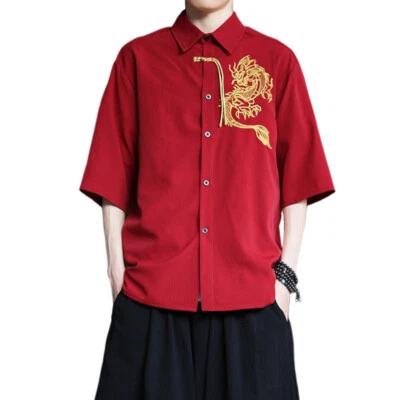 Men Dragon Embroidered Shirt 3/4 Sleeve Chinese Blouse Kungfu Tai Chi Tops - Image 1 of 4