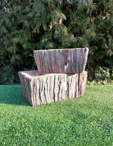 Set of 2 rustic chunky cedar bark rectangular wooden planters 