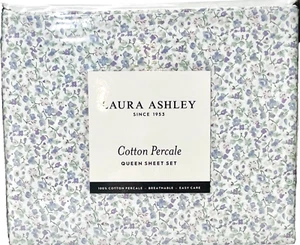 Purple Periwinkle Queen Crisp Cool Cotton Percale Sheet Set Laura Ashley Emogene - Picture 1 of 5