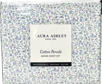 Purple Periwinkle Queen Crisp Cool Cotton Percale Sheet Set Laura Ashley Emogene - Image 1 of 4