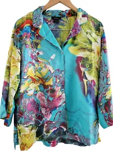 Natori womens Blue Floral abstract pajama top size Medium print satin sleepwear - Picture 1 of 6